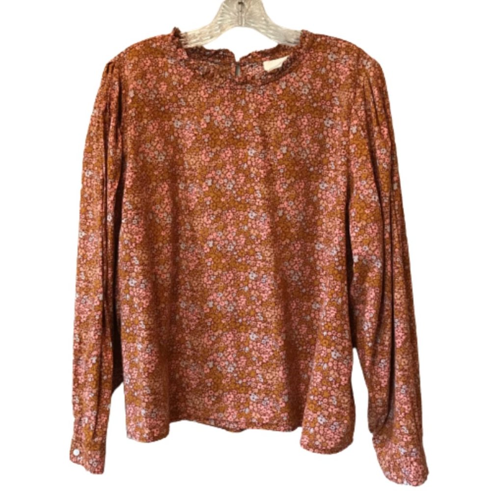 Universal Thread Brown Floral Long Sleeve Statement Sleeve Blouse Top Size XXL
